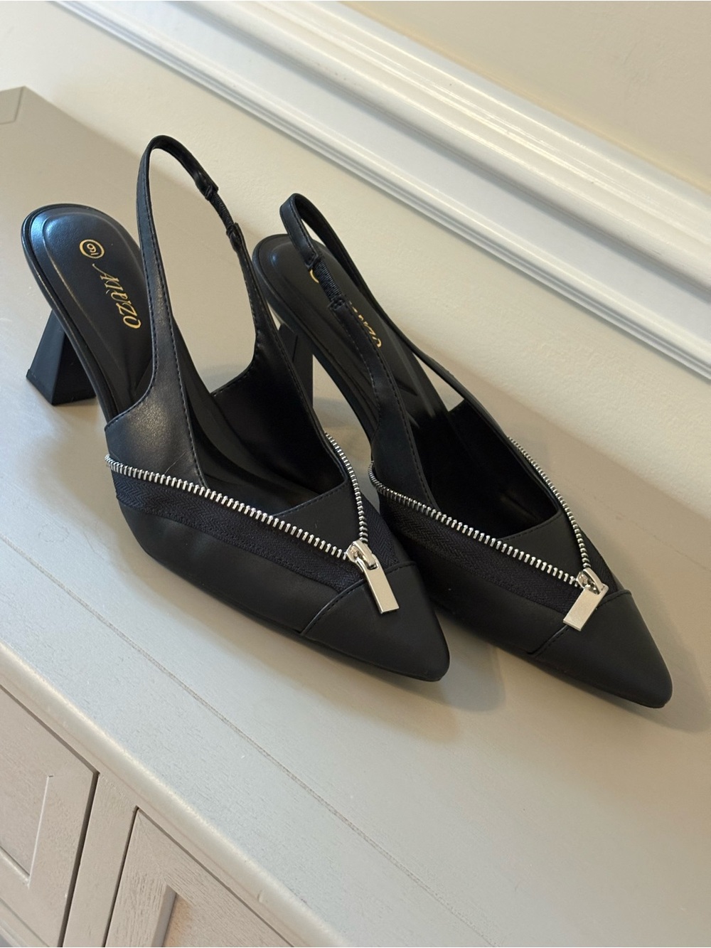 Black Slingback Pointed-Toe Heels with Zipper Accent